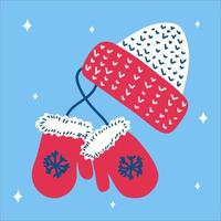 Christmas traditional pink hat and mitten mittens with snowflakes in scandinavian hand drawn style on a blue background. Vector illustration, square format. Suitable for social media