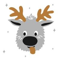 Funny Christmas deer with its tongue hanging out on a white background in scandinavian hand drawn style - gold, silver, black colors. Vector illustration, square format for social media.