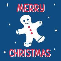 Christmas gingerbread man on a classic blue background with a pattern of snowflakes in scandinavian doodle style with lettering. Vector illustration - suitable for a greeting card or banner.