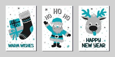 Christmas and New Year greeting cards in the Scandinavian doodle style - turquoise, silver and black colors. Stock vector illustrations with symbols of holiday - Santa Claus, reindeer, gift, sock.