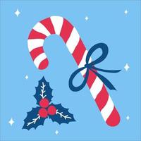 Christmas traditional sweet gift candy cane with a bow and beside it lies mistletoe on a blue background with snowflakes in scandinavian doodle style. Vector illustration, simple object, square