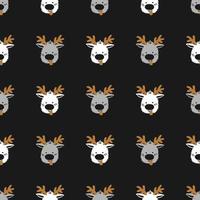 Seamless Merry Christmas pattern of repeating elements - funny deer on a black backdrop. Vector illustration in scandinavian style of hand drawing. Ornament for print, wrapping, textile, fabric