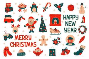 Christmas holiday elements Scandinavian hand drawn style with inscriptions Happy New Year. Vector illustration - clip-art collection of cute characters isolate on a white background.