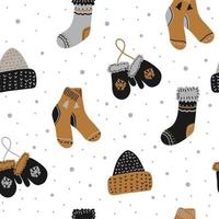 Seamless vector new year and christmas pattern in scandinavian simple hand drawing style. Traditional festive winter warm clothes - socks, hats, mittens. Ornament for print, wrapping, textile, fabric