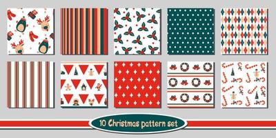 Set of 10 seamless Christmas vector patterns - bright backgrounds with cute holiday characters, symbols of winter and new year, floral elements, stripes, plaid, argyle, polka dots, triangles, borders.