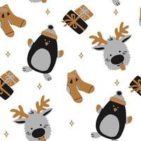 Seamless vector pattern New Year and Christmas in the style of Scandinavian simple hand drawing - gold, silver, black. Ornament with penguin, socks, reindeer for print, wrap, textile, fabric