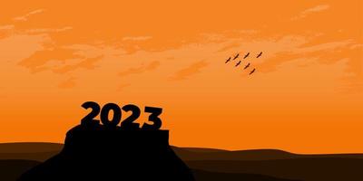 feliz año nuevo 2023 con grandes letras de silueta en la montaña con una hermosa puesta de sol por concepto de éxito. concepto de año nuevo vector