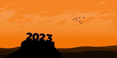 feliz año nuevo 2023 con grandes letras de silueta en la montaña con una hermosa puesta de sol por concepto de éxito. concepto de año nuevo vector