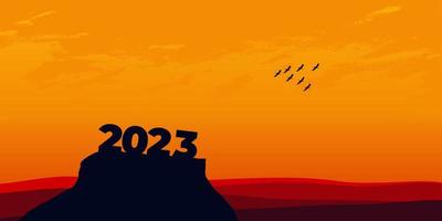 feliz año nuevo 2023 con grandes letras de silueta en la montaña con una hermosa puesta de sol para el concepto de éxito. concepto de año nuevo vector