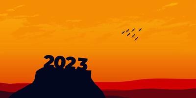 Happy New year 2023 with large silhouette letters on the mountain with a beautiful sunset for success concept. new year concept vector