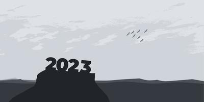 Happy New year 2023 with large silhouette letters on the mountain with a beautiful sunset for success concept. new year concept vector