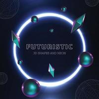 Abstract iridescent shapes and wireframe shapes neon circle design vector
