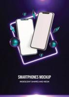 Three-dimensional smartphone mockup with iridescent 3D shapes and glowing neon vector