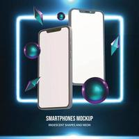 Smartphones mockup with iridescent 3D shapes and neon glowing frame vector