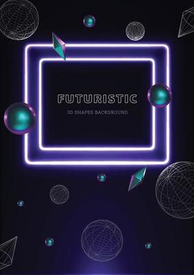 Neon frame and 3D shapes background design