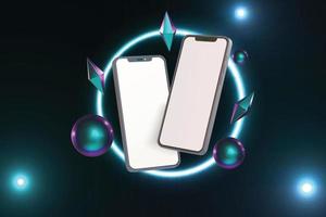 Realistic phones mockup with glowing neon and iridescent shapes vector