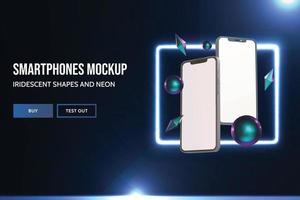 Smartphone devices mockup with iridescent 3D shapes and neon frame vector