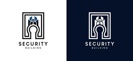 Building security logo design, building shield vector illustration in line style