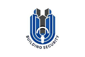 Building security logo design, building shield vector illustration with letter u concept