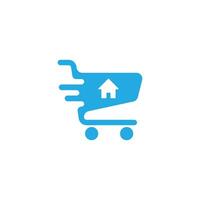 eps10 blue vector online shopping cart icon or logo isolated on white background. trolley with home symbol in a simple flat trendy modern style for your website design, logo, and mobile application
