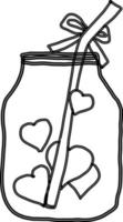 Jar with hearts line drawing. vector