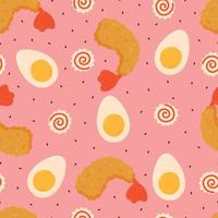 Tempura shrimp, egg, narutomaki and sesame seamless pattern on pink background vector