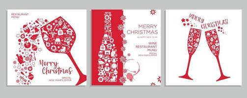 Holiday christmas background restaurant Menu cards set with glasses of wine, bottles new year icon in red colors. Vector christmas design card.