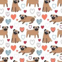 Pug and hearts. Seamless pattern, vector illustration