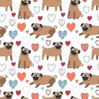 Pug and hearts. Seamless pattern, vector illustration