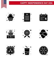 feliz día de la independencia 9 paquete de iconos de glifos sólidos para web e impresión estrella insignia día policía firmar elementos de diseño de vector de día de estados unidos editables de policía