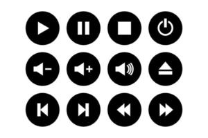 set of black and white music player button icons design vector