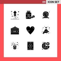 Modern Set of 9 Solid Glyphs and symbols such as heart entertainment badge drink bar bar Editable Vector Design Elements