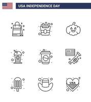 9 Line Signs for USA Independence Day american speaker american flag drink Editable USA Day Vector Design Elements