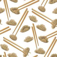 Pattern with Chinese Jiaozi dumplings and bamboo sticks. White background. Suitable for printing on textiles and paper kitchen illustrations. Packaging vector