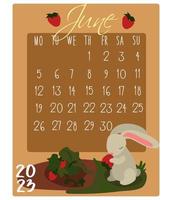 calendario del mes con conejos para 2023. conejo en junio. mes calendario para la impresión en papel y textiles. pancarta, folleto, postal. vector