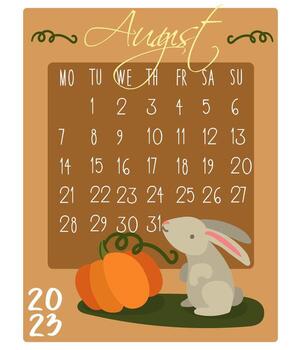 Calendar for the month with rabbits for 2023. Rabbit in August. Calendar month for printing on paper and textiles. Banner, leaflet, postcard. vector