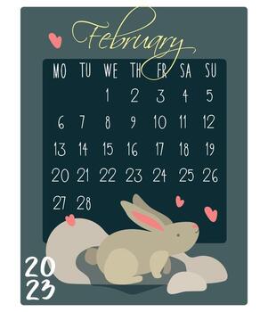 Calendar for the month with rabbits for 2023. Rabbit in February. Calendar month for printing on paper and textiles. Banner, leaflet, postcard. vector