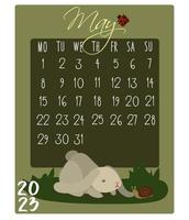 Calendar for the month with rabbits for 2023. Rabbit in the may. Calendar month for printing on paper and textiles. Banner, leaflet, postcard. vector