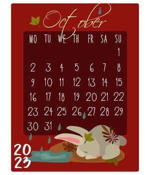 Calendar for the month with rabbits for 2023. Rabbit in October. Calendar month for printing on paper and textiles. Banner, leaflet, postcard. vector