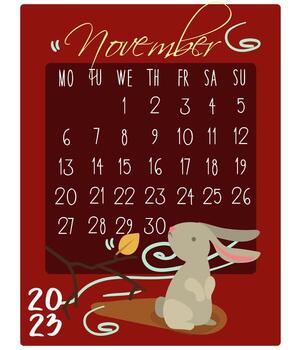 Calendar for the month with rabbits for 2023. Rabbit in November. Calendar month for printing on paper and textiles. Banner, leaflet, postcard. vector