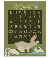 Calendar for the month with rabbits for 2023. Rabbit in March. Calendar month for printing on paper and textiles. Banner, leaflet, postcard. vector