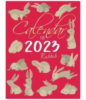 The cover and template of the 2023 calendar with rabbits in the color of the year 2023. Suitable for printing on paper. Banner, flyer, postcard vector