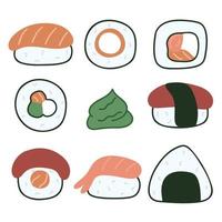 sushi y sashimi establecen una ilustración simple. vectores de comida asiática