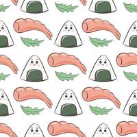 Onigiri and shrimp seamless pattern. Background kawaii characters vector