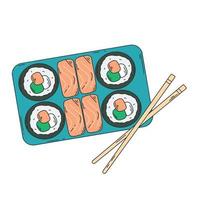 Sushi set with avocado cheese and salmon. Traditional Asian food clip art vector