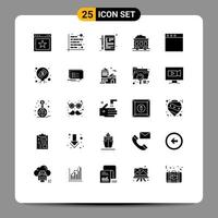 paquete de 25 signos y símbolos de glifos sólidos modernos para medios de impresión web, como el informe de contaminación del transporte, el aprendizaje escolar, elementos de diseño de vectores editables