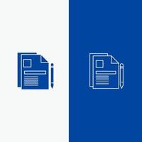 contrato documento comercial signo de documento legal línea de contrato y glifo icono sólido bandera azul línea y glifo icono sólido bandera azul vector
