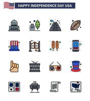 Flat Filled Line Pack of 16 USA Independence Day Symbols of cap usa american sport ball Editable USA Day Vector Design Elements