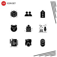 Group of 9 Solid Glyphs Signs and Symbols for shopping bag hand bag rank predator bear Editable Vector Design Elements