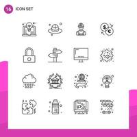 Modern Set of 16 Outlines Pictograph of lock dollar industry exchange converter Editable Vector Design Elements